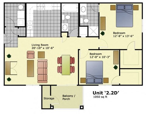 Floor plan for 2 beds, 2 baths, 1050 sqft